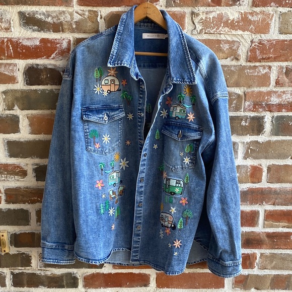 Billy T Denim Happy Camper Embroidered Shirt Shacket Overshirt MSRP $142 - Picture 5 of 16